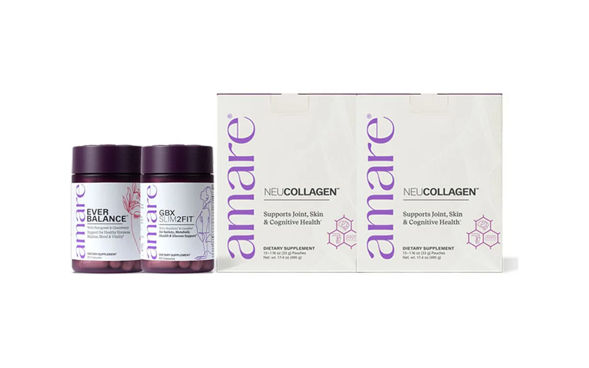 Amare Ever Balance and GBX Slim2Fit bottles beside two boxes of Amare NeuCollagen
